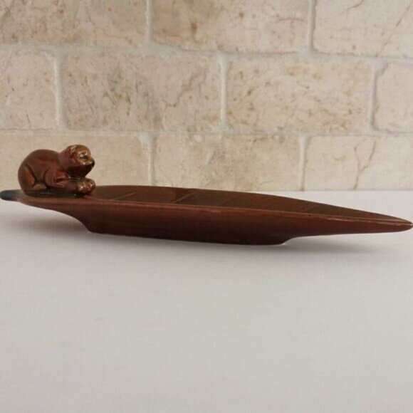 Cat Incense Holder Stick Burner Leaf Brown Ceramic Animal Figure - Picture 2 of 9